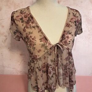 Full Tilt Y2K Floral Mesh Tie Front  Fairy core Sheer Hanky Hem Top Size Small